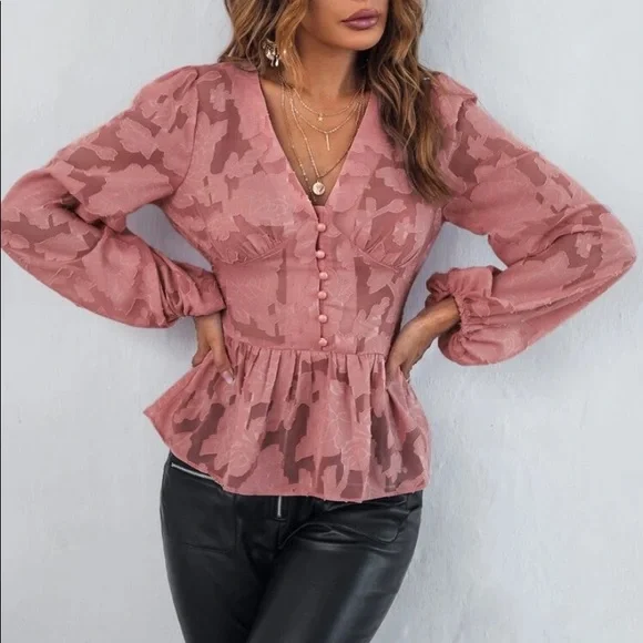 Romantic floral appliqué button detail peplum blouse redwood - Picture 13 of 16